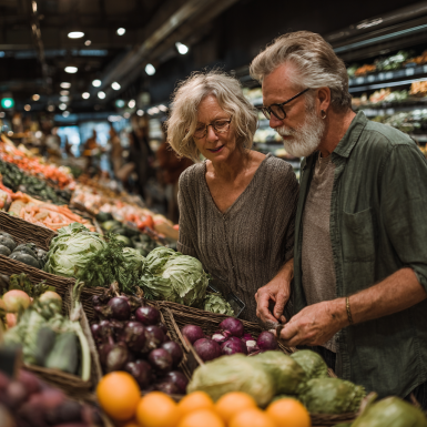 Літня пара готує здорову їжу