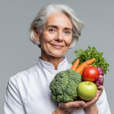 Щаслива літня жінка з корзиною здорових продуктів